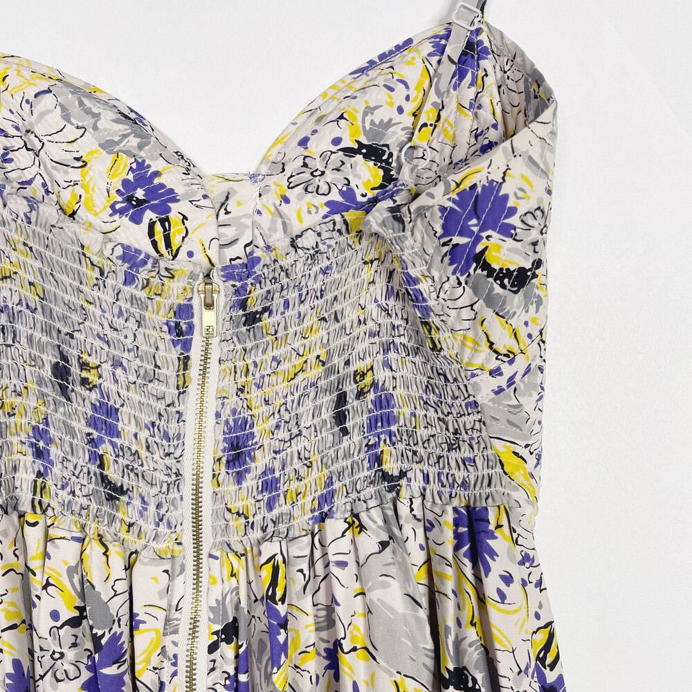 Parker Small S Gray Purple Yellow Silk Floral Dress Sweetheart Neckline Zip Back - Picture 8 of 12